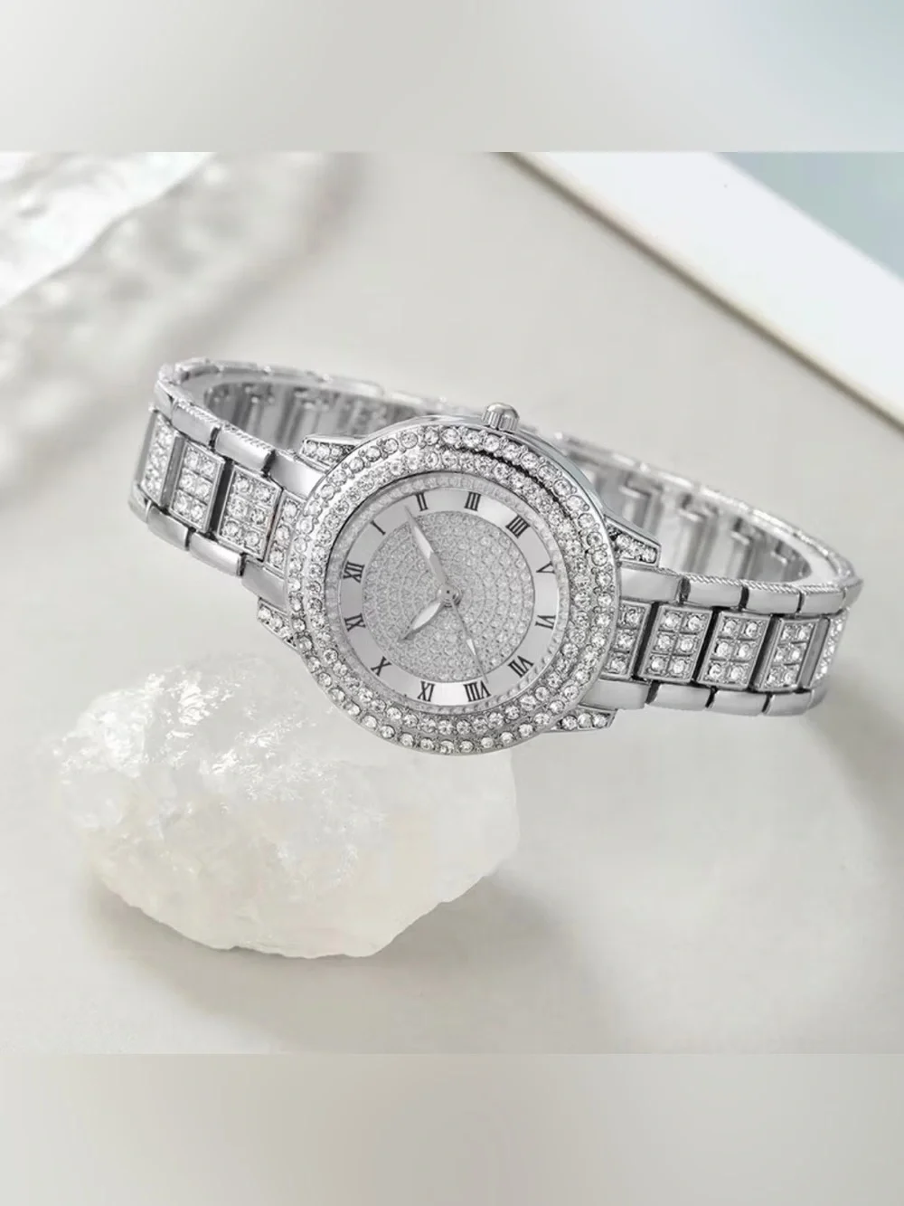 Silver Crystal Pavé  king Iced Out Watch and Bracelet Set - Women's Accessories